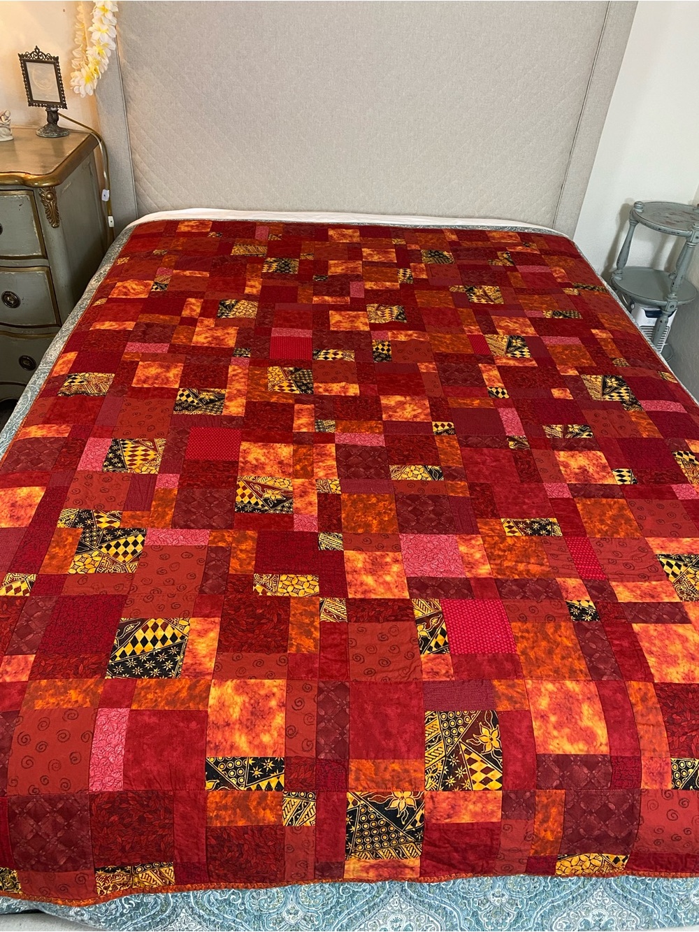 Patchwork Red & Orange Quilted Bedspread with Accented Prints Handmade